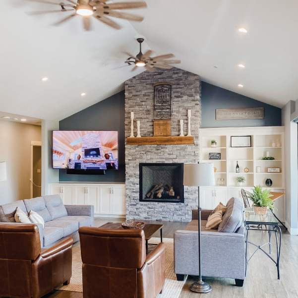 Family room with rock surround fireplace Family room with rock surround fireplace