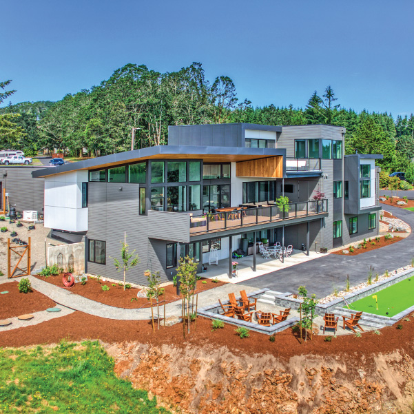 Aerial view of an industrial modern retreat built by Riddle Construction