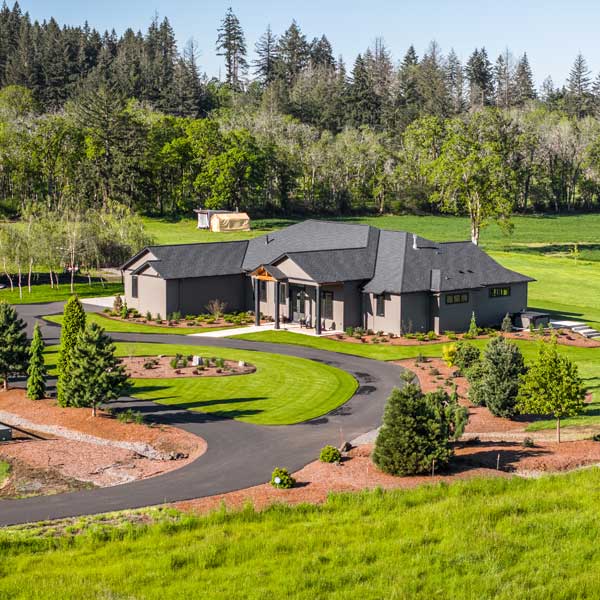 Aerial view of a single story ranch home built by Riddle Construction