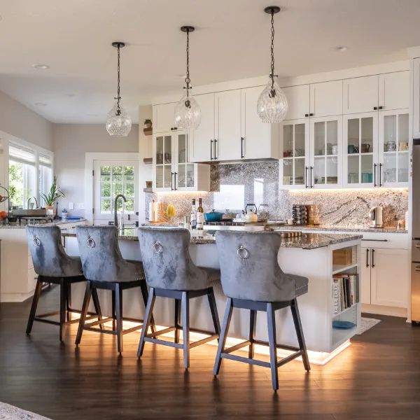 Eat-in kitchen in a single family vacation custom home at the Oregon Coast New England Inspired