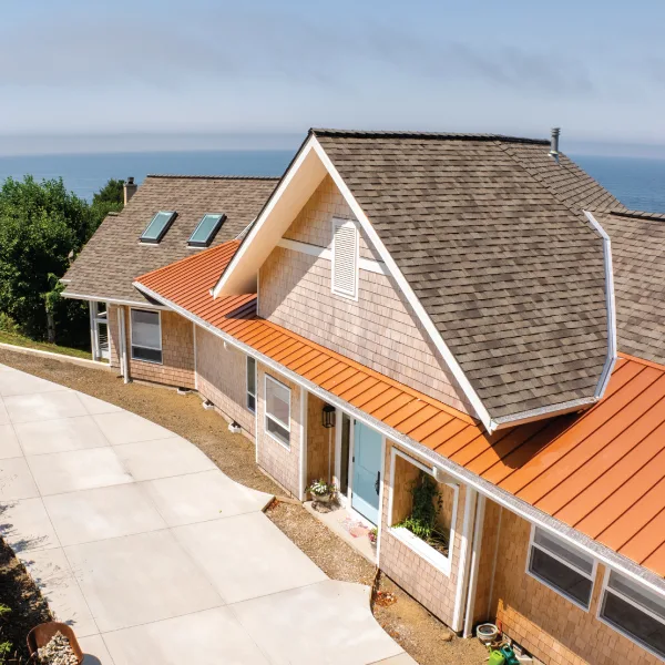Aerial view of a New England inspired custom home on the Oregon Coast